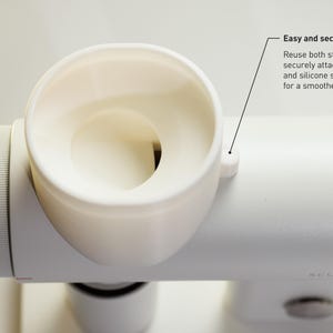 May include: A close-up of a white grinder component with a circular opening and a textured dial. The text "Easy and secure installation" is visible, along with instructions for attaching the grinder.