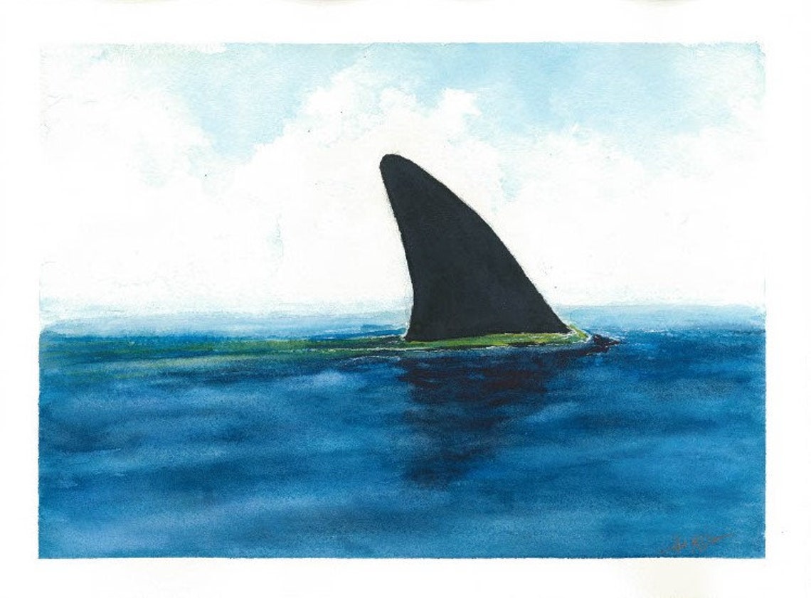 Shark Fin Original Watercolor Print Shark Beach Decor Etsy