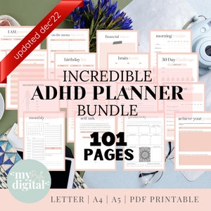 May include: A pink and white printable planner bundle for people with ADHD. The bundle includes 101 pages and features a variety of planner pages, including a monthly planner, a weekly planner, a brain storm page, a self-talk support page, a productivity planner, a 30-day challenge page, and an achieve your goals page. The text "INCREDIBLE ADHD PLANNER BUNDLE 101 PAGES" is featured in bold black text.