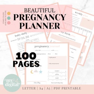 Pode incluir: Um conjunto de 100 páginas de planejador de gravidez com vários modelos PDF imprimíveis, incluindo um diário de gravidez, planejador diário do bebê, plano semanal e plano de parto, com bordas rosa claro e texto em preto.