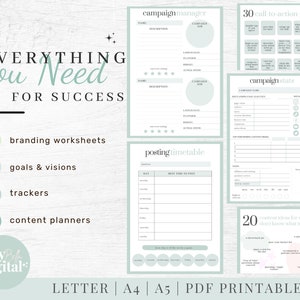 Peut inclure: Un kit de planificateur num&eacute;rique imprimable pour les gestionnaires de m&eacute;dias sociaux. Le kit comprend des feuilles de travail pour la cr&eacute;ation de marque, la d&eacute;finition d'objectifs, le suivi et la planification de contenu. Le kit comprend &eacute;galement un tableau de planification des publications, 30 invites &agrave; l'action et 20 id&eacute;es de contenu.