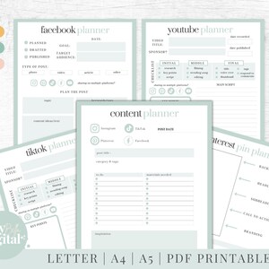 Peut inclure: Pages de planificateur imprimables pour la planification de contenu sur les m&eacute;dias sociaux. Les pages sont vert clair avec du texte blanc et des ic&ocirc;nes. Les pages comprennent des sections pour Facebook, YouTube, TikTok, Instagram, Pinterest et la planification de contenu.