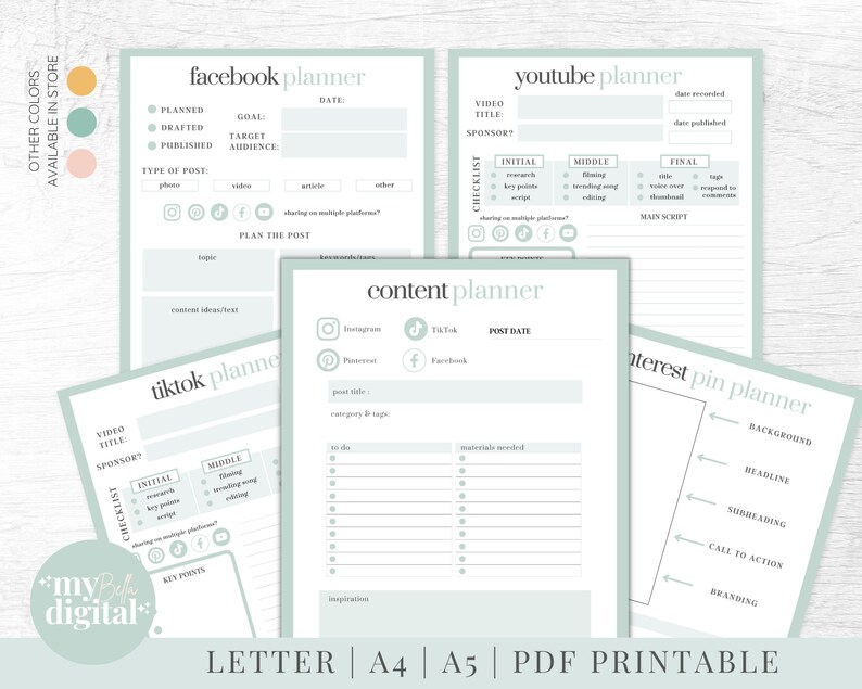 Peut inclure: Pages de planificateur imprimables pour la planification de contenu sur les m&eacute;dias sociaux. Les pages sont vert clair avec du texte blanc et des ic&ocirc;nes. Les pages comprennent des sections pour Facebook, YouTube, TikTok, Instagram, Pinterest et la planification de contenu.