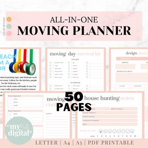 May include: A printable moving planner with 50 pages, featuring checklists for moving day survival, house hunting notes, and a design planner. The planner includes sections for kitchen, bathroom, room style ideas, and a home score.