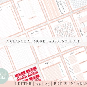 May include: A collection of printable planner pages in pink and white with titles like "Moving Company Quote Tracker", "Fix, Replace, To Throw Out", "30 Day Declutter Challenge", "Bill Tracker", "Paint Tracker", and "Change of Address".