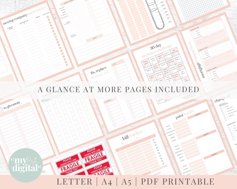 May include: A collection of printable planner pages in pink and white with titles like "Moving Company Quote Tracker", "Fix, Replace, To Throw Out", "30 Day Declutter Challenge", "Bill Tracker", "Paint Tracker", and "Change of Address".