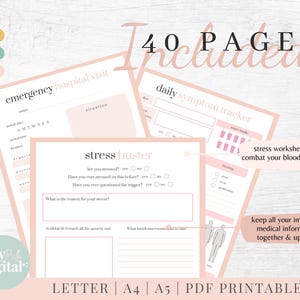 May include: Printable PDF planner with 40 pages for tracking health and wellness. The pages include sections for daily symptom tracking, emergency hospital visits, stress management, and blood pressure management. The planner is designed with a pink and white colour scheme.