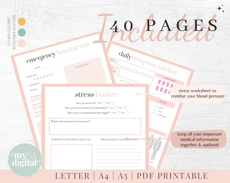 May include: Printable PDF planner with 40 pages for tracking health and wellness. The pages include sections for daily symptom tracking, emergency hospital visits, stress management, and blood pressure management. The planner is designed with a pink and white colour scheme.
