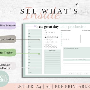 Puede incluir: Un planificador diario imprimible con un esquema de color verde y blanco. Incluye secciones para el horario diario, la vista semanal, el seguimiento del agua, la gratitud y la lista de tareas. El planificador tiene el texto "es un gran d&iacute;a para ser productivo" en la parte superior.