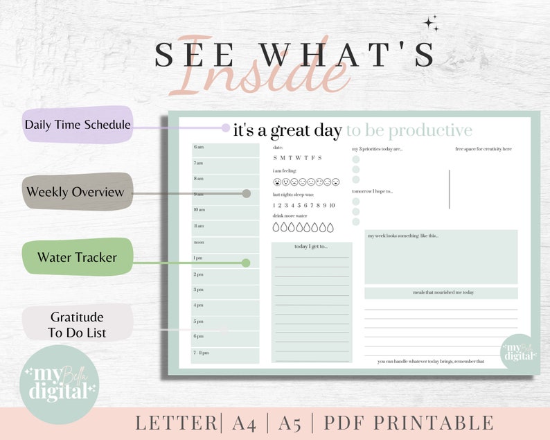 Puede incluir: Un planificador diario imprimible con un esquema de color verde y blanco. Incluye secciones para el horario diario, la vista semanal, el seguimiento del agua, la gratitud y la lista de tareas. El planificador tiene el texto "es un gran d&iacute;a para ser productivo" en la parte superior.