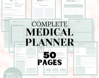 May include: A printable medical planner with a green and white color scheme. The planner includes sections for tracking health information, first aid, blood sugar, food sensitivities, emergency contacts, dental visits, and caregiver instructions. The planner has 50 pages and is available in letter, A4, and A5 sizes.