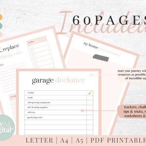 May include: A printable garage decluttering checklist with 60 pages of resources, including tasks, trackers, challenges, tips, and worksheets. The checklist is designed with a pink and white color scheme and features the text "garage declutter" in black.
