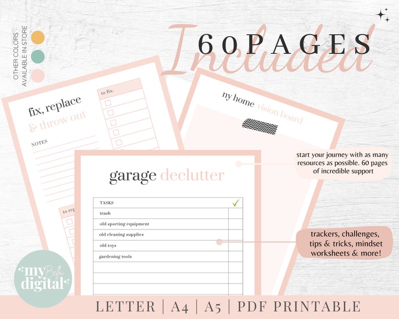 May include: A printable garage decluttering checklist with 60 pages of resources, including tasks, trackers, challenges, tips, and worksheets. The checklist is designed with a pink and white color scheme and features the text "garage declutter" in black.