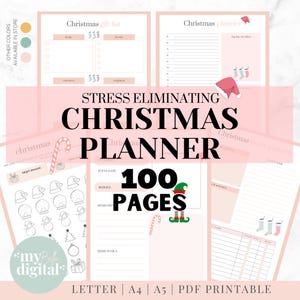 Könnte beinhalten: Ein rosa-weißer druckbarer Weihnachtsplaner mit 100 Seiten. Der Planer zeigt einen Weihnachtswichtel, Zuckerstangen und eine Geschenkbox. Der Text "Stress Eliminating Christmas Planner" steht in großer Schrift oben auf der Seite. Der Text "100 Pages" steht in großer Schrift unten auf der Seite.
