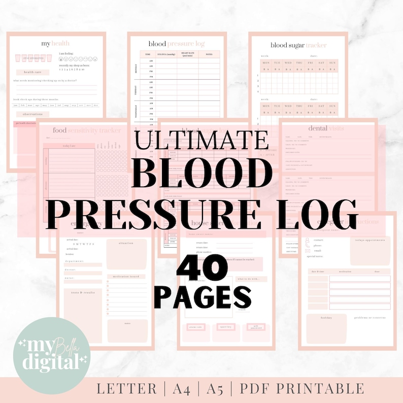 May include: A pink and white printable blood pressure log with the text "ULTIMATE BLOOD PRESSURE LOG" and "40 PAGES". The log includes sections for tracking blood pressure, blood sugar, food, dental health, and other health information.