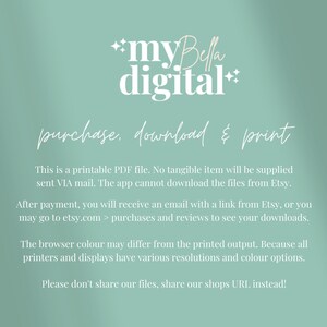 Peut inclure: Texte sur un fond vert clair qui lit "myBella digital" et "purchase, download & print". Le texte ci-dessous explique qu'il s'agit d'un fichier PDF imprimable et qu'aucun article tangible ne sera fourni. Il explique &eacute;galement comment t&eacute;l&eacute;charger le fichier apr&egrave;s l'achat.