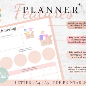 May include: A printable planner with pink and white colors, featuring a decluttering goal section with boxes for "Keep", "Donate", and "Toss". The planner includes pages for daily, weekly, and monthly cleaning, as well as trackers, planners, and goal setting.