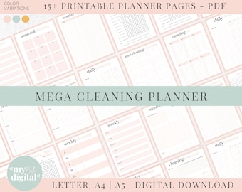 May include: A printable cleaning planner with 15+ pages in a pink and white color scheme. The planner includes pages for daily, weekly, monthly, and seasonal cleaning tasks. The text "MEGA CLEANING PLANNER" is displayed in a large font at the center of the image.