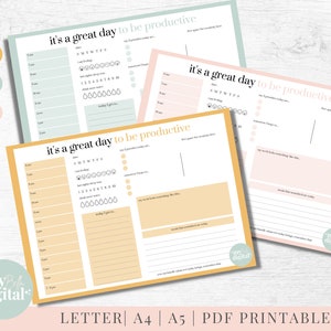 Puede incluir: Tres p&aacute;ginas de planificador diario imprimibles en diferentes esquemas de color: azul claro, amarillo y rosa. Cada p&aacute;gina presenta el texto "es un gran d&iacute;a para ser productivo" e incluye secciones para tareas diarias, seguimiento del estado de &aacute;nimo, seguimiento del sue&ntilde;o, ingesta de agua y un espacio para notas.
