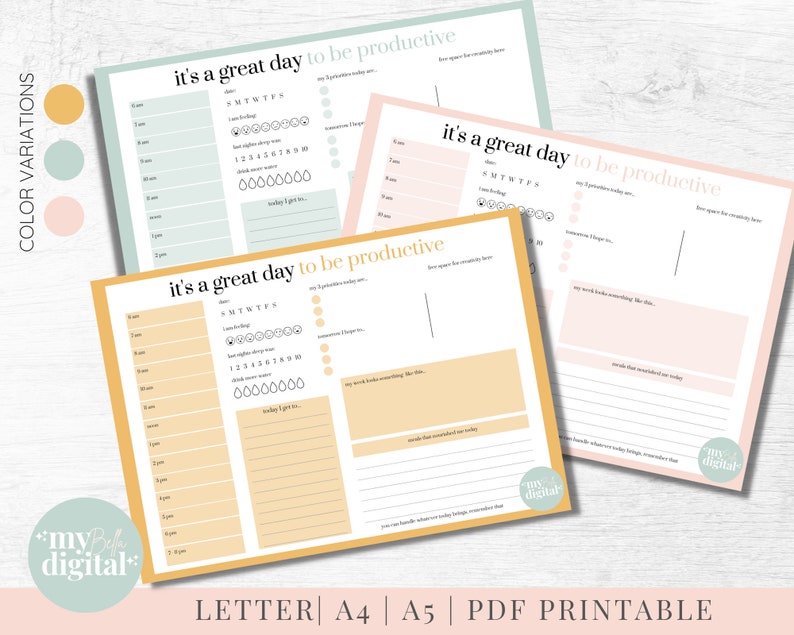 Puede incluir: Tres p&aacute;ginas de planificador diario imprimibles en diferentes esquemas de color: azul claro, amarillo y rosa. Cada p&aacute;gina presenta el texto "es un gran d&iacute;a para ser productivo" e incluye secciones para tareas diarias, seguimiento del estado de &aacute;nimo, seguimiento del sue&ntilde;o, ingesta de agua y un espacio para notas.