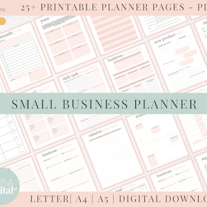May include: A set of printable planner pages for small businesses. The pages are designed in a pink and white color scheme and include sections for monthly goals, daily tasks, business ideas, and more. The text "SMALL BUSINESS PLANNER" is displayed in a large font at the center of the image.