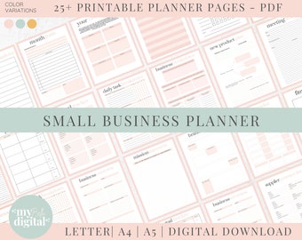 May include: A set of printable planner pages for small businesses. The pages are designed in a pink and white color scheme and include sections for monthly goals, daily tasks, business ideas, and more. The text "SMALL BUSINESS PLANNER" is displayed in a large font at the center of the image.