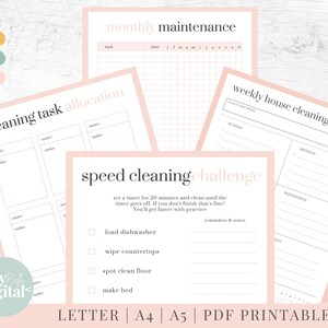 May include: Printable cleaning checklists and task allocation sheets in pink and white with the text "monthly maintenance", "cleaning task allocation", "speed cleaning challenge", and "weekly house cleaning checklist".
