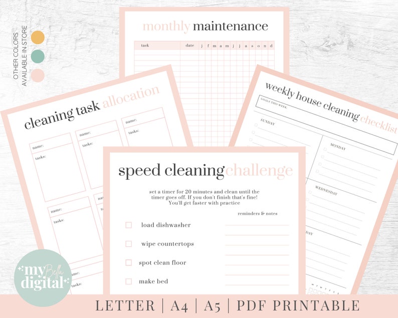 May include: Printable cleaning checklists and task allocation sheets in pink and white with the text "monthly maintenance", "cleaning task allocation", "speed cleaning challenge", and "weekly house cleaning checklist".