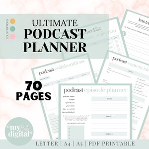 Op de afbeelding: Een printbare planner voor podcasters met een groen-wit kleurenschema. De planner bevat secties voor podcast-samenwerkingen, afleveringsplanning, inhouds ideeën en opname-checklists. De planner is 70 pagina's lang en bevat de tekst "ULTIMATE PODCAST PLANNER".