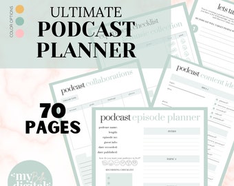 Peut inclure: Un planificateur imprimable pour les podcasteurs avec un schéma de couleurs vert et blanc. Le planificateur comprend des sections pour les collaborations de podcast, la planification des épisodes, les idées de contenu et les listes de contrôle d'enregistrement. Le planificateur compte 70 pages et comprend le texte "ULTIMATE PODCAST PLANNER".