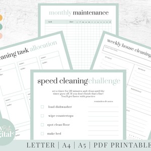 May include: A collection of printable cleaning planner pages in a soft green and white color scheme. The pages include sections for monthly maintenance, cleaning task allocation, a weekly checklist, and a speed cleaning challenge. The text includes "LETTER | A4 | A5 | PDF PRINTABLE".