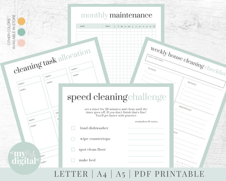 May include: A collection of printable cleaning planner pages in a soft green and white color scheme. The pages include sections for monthly maintenance, cleaning task allocation, a weekly checklist, and a speed cleaning challenge. The text includes "LETTER | A4 | A5 | PDF PRINTABLE".