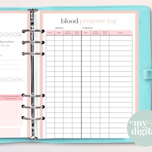 May include: A pink and white printable blood pressure log with columns for date, time, blood pressure, heart rate, and notes. The log is divided into morning and afternoon sections.