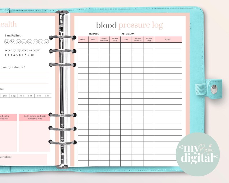May include: A pink and white printable blood pressure log with columns for date, time, blood pressure, heart rate, and notes. The log is divided into morning and afternoon sections.