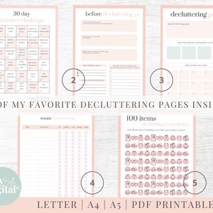 May include: Five printable decluttering pages with pink and white backgrounds. The pages include a 30-day declutter challenge, a before decluttering checklist, a decluttering goal tracker, a room decluttering checklist, and a 100 items of clothing to declutter checklist.