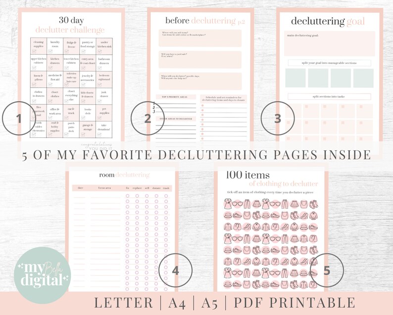May include: Five printable decluttering pages with pink and white backgrounds. The pages include a 30-day declutter challenge, a before decluttering checklist, a decluttering goal tracker, a room decluttering checklist, and a 100 items of clothing to declutter checklist.