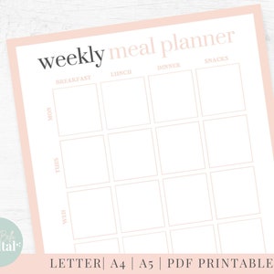 May include: A printable weekly meal planner with sections for breakfast, lunch, dinner, and snacks. The planner is divided into days of the week, Monday through Wednesday. The planner is in a light pink color with white text.