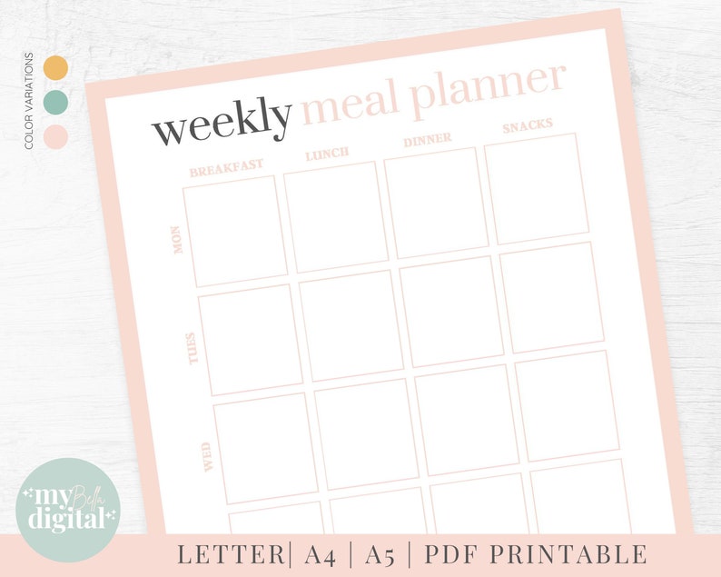 May include: A printable weekly meal planner with sections for breakfast, lunch, dinner, and snacks. The planner is divided into days of the week, Monday through Wednesday. The planner is in a light pink color with white text.