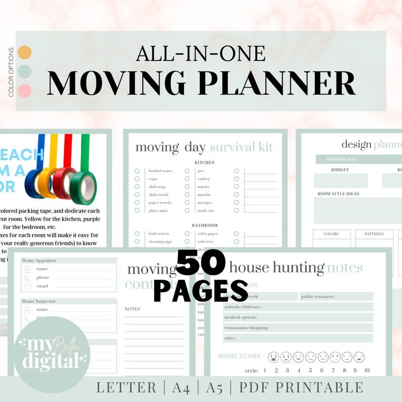May include: A printable moving planner with 50 pages, featuring checklists for moving day survival, house hunting notes, and a design planner. The planner has a light green background with a light pink marble pattern. The text "ALL-IN-ONE MOVING PLANNER" is in black text at the top of the page. The text "moving day survival kit" is in black text on a light green background. The text "house hunting notes" is in black text on a light green background. The text "design planner" is in black text on a light green background. The text "50 PAGES" is in black text on a white background.