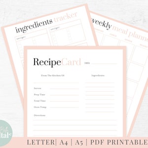 May include: Printable recipe card template with a pink background and the text "Recipe Card" in a black font. The card includes sections for the dish name, ingredients, serves, prep time, total time, oven temperature, and directions.