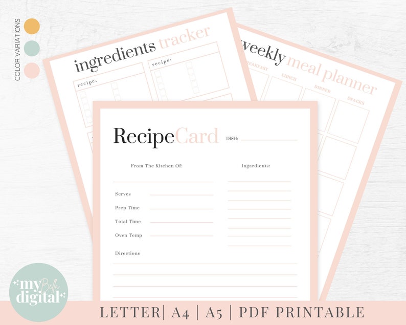 May include: Printable recipe card template with a pink background and the text "Recipe Card" in a black font. The card includes sections for the dish name, ingredients, serves, prep time, total time, oven temperature, and directions.