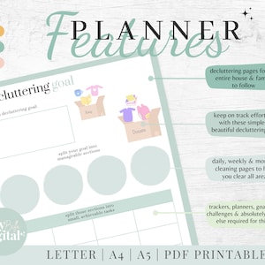 May include: A printable planner page with the word "PLANNER" in a script font. The page includes sections for decluttering goals, with illustrations of boxes labeled "Keep" and "Donate." Text highlights features like daily and weekly cleaning pages. The bottom reads "LETTER | A4 | A5 | PDF PRINTABLE."
