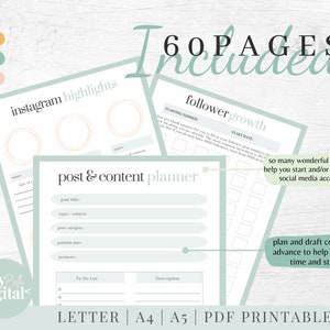 Peut inclure: Un planificateur imprimable avec un sch&eacute;ma de couleurs vert clair et blanc. Le planificateur comprend 60 pages pour vous aider &agrave; planifier et &agrave; d&eacute;velopper vos comptes de m&eacute;dias sociaux. Le texte "60 PAGES Included" est en haut de l'image. Le texte "post & content planner" est au centre de l'image. Le texte "follower growth" est dans le coin sup&eacute;rieur droit de l'image. Le texte "so many wonderful pages to help you start and/or grow your social media accounts" est dans le coin inf&eacute;rieur droit de l'image. Le texte "plan and draft content in advance to help you save time and stress" est dans le coin inf&eacute;rieur droit de l'image. Le texte "LETTER | A4 | A5 | PDF PRINTABLE" est en bas de l'image.