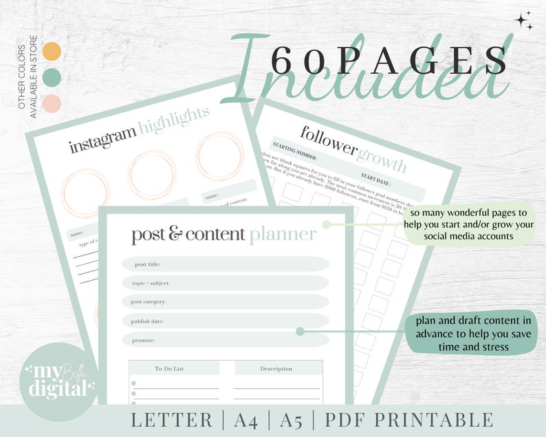 Peut inclure: Un planificateur imprimable avec un sch&eacute;ma de couleurs vert clair et blanc. Le planificateur comprend 60 pages pour vous aider &agrave; planifier et &agrave; d&eacute;velopper vos comptes de m&eacute;dias sociaux. Le texte "60 PAGES Included" est en haut de l'image. Le texte "post & content planner" est au centre de l'image. Le texte "follower growth" est dans le coin sup&eacute;rieur droit de l'image. Le texte "so many wonderful pages to help you start and/or grow your social media accounts" est dans le coin inf&eacute;rieur droit de l'image. Le texte "plan and draft content in advance to help you save time and stress" est dans le coin inf&eacute;rieur droit de l'image. Le texte "LETTER | A4 | A5 | PDF PRINTABLE" est en bas de l'image.