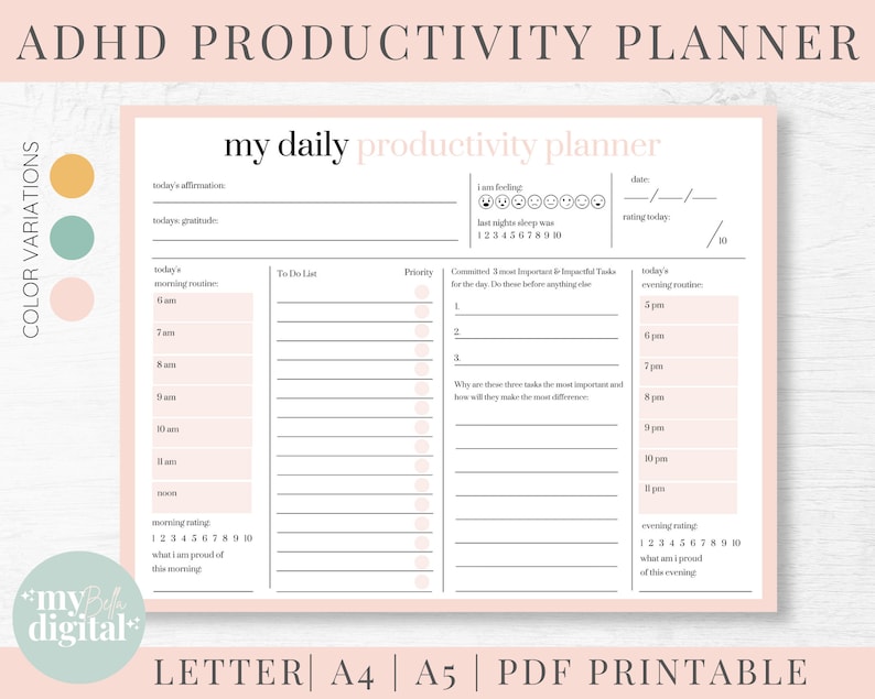 ADHD Daily Planner, ADHD Digital Planner, Flourish Planner, To Do List, Instant Download, Daily Productivity Planner, Feeling Tracker, pdf 