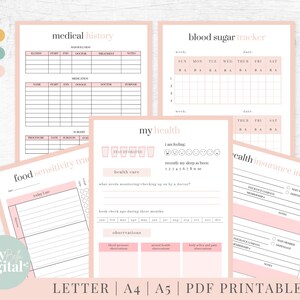 May include: Printable health and wellness tracker pages in pink and white with headings such as "Medical History", "Food Sensitivity Tracker", "My Health", "Blood Sugar Tracker", and "Health Insurance Info".