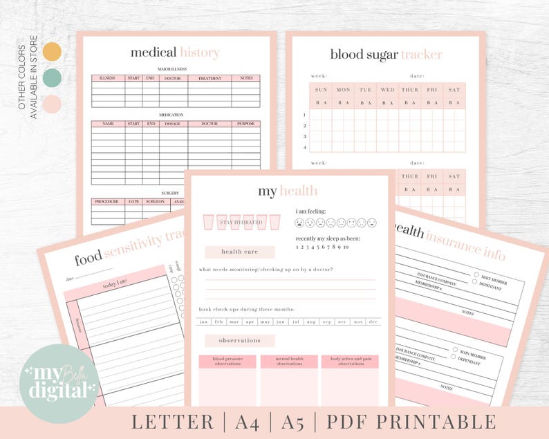 May include: Printable health and wellness tracker pages in pink and white with headings such as "Medical History", "Food Sensitivity Tracker", "My Health", "Blood Sugar Tracker", and "Health Insurance Info".
