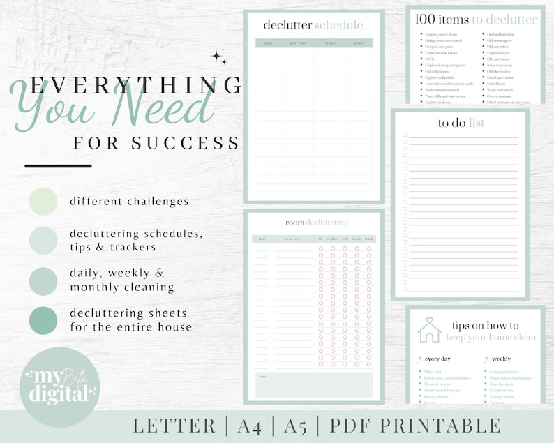 May include: A collection of printable decluttering and cleaning sheets. The sheets include a declutter schedule, a list of 100 items to declutter, a room decluttering checklist, and a to-do list. The text on the image says "Everything You Need For Success."