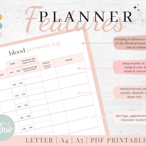 May include: A printable planner with a pink and white colour scheme. The planner features a blood pressure log, medical visit tracker, and other health-related trackers. The text "PLANNER Features" is at the top of the page. The text "LETTER | A4 | A5 | PDF PRINTABLE" is at the bottom of the page.