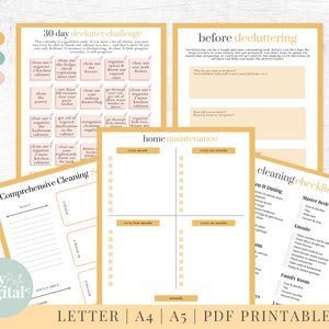 May include: Printable checklist and planner pages in yellow and white with a light blue and pink accent color. The pages include a 30-day declutter challenge, a before decluttering worksheet, a home maintenance checklist, and a cleaning checklist.
